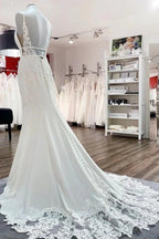 Classy Long Mermaid V-neck Satin Open Back Wedding Dress with Lace Appliques by BIZTUNNEL