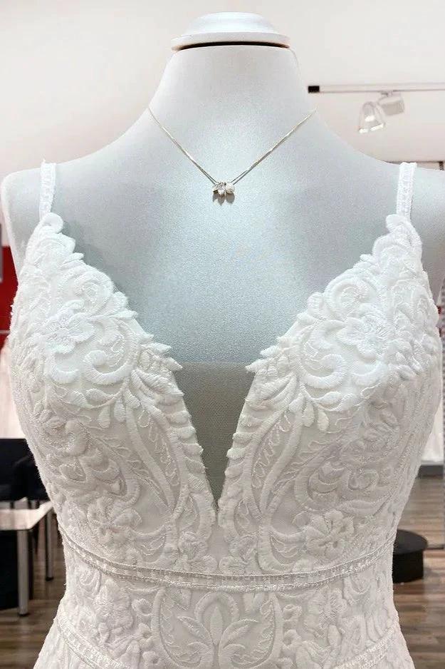 Classy Long Mermaid V-neck Satin Open Back Wedding Dress with Lace Appliques by BIZTUNNEL