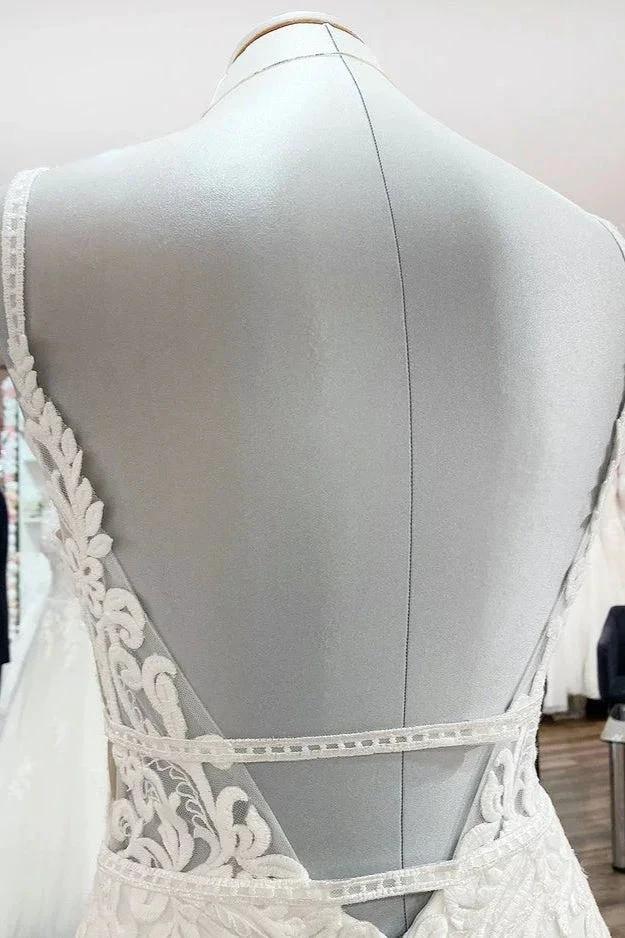 Classy Long Mermaid V-neck Satin Open Back Wedding Dress with Lace Appliques by BIZTUNNEL