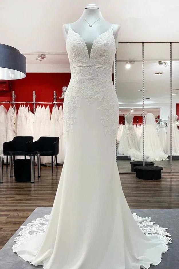 Classy Long Mermaid V-neck Satin Open Back Wedding Dress with Lace Appliques by BIZTUNNEL