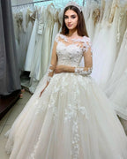 Classy Long Princess Appliques Lace Tulle Wedding Dress with Sleeves by BIZTUNNEL