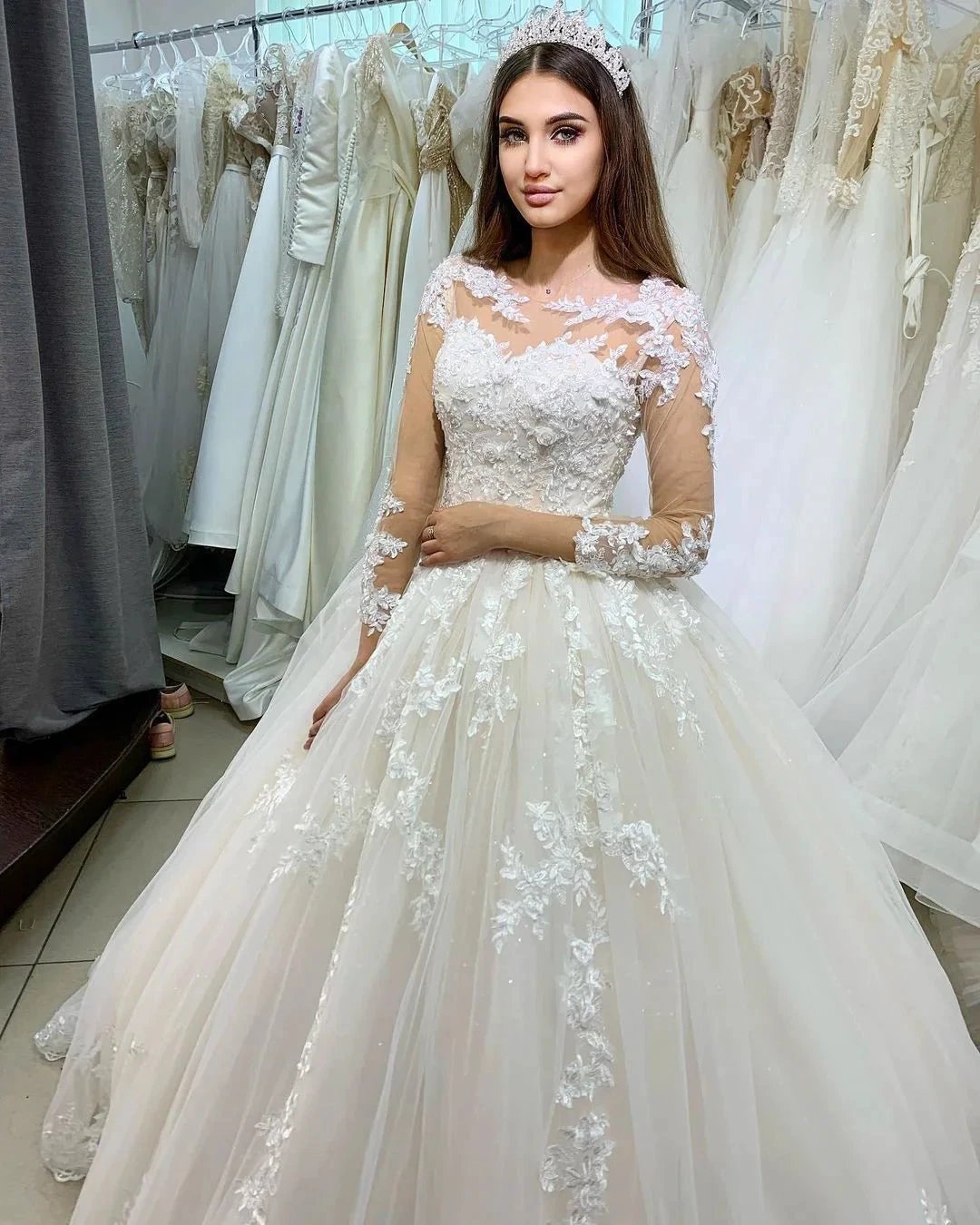 Classy Long Princess Appliques Lace Tulle Wedding Dress with Sleeves by BIZTUNNEL