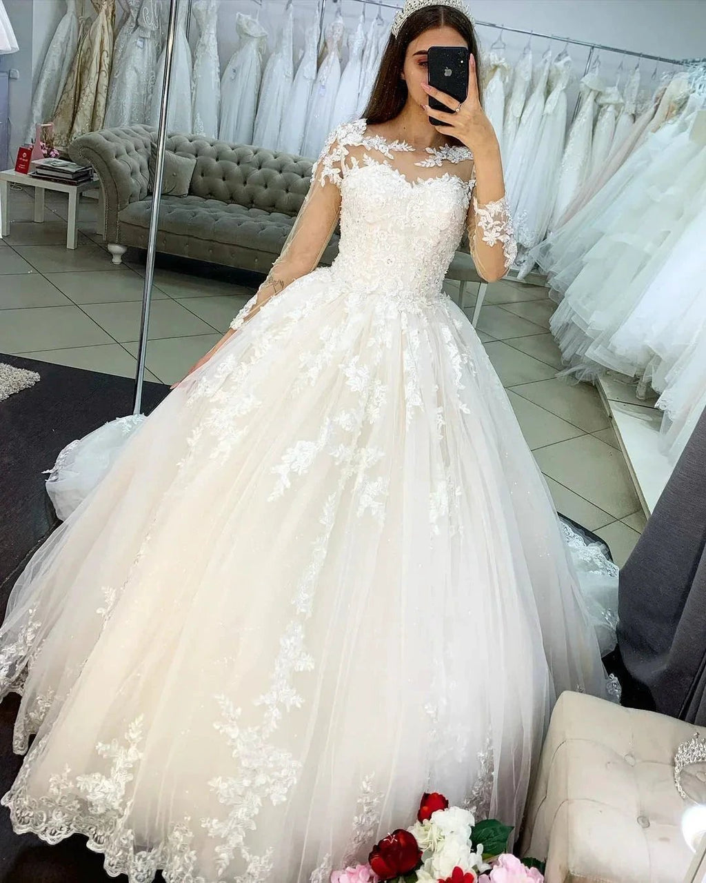 Classy Long Princess Appliques Lace Tulle Wedding Dress with Sleeves by BIZTUNNEL