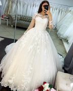 Classy Long Princess Appliques Lace Tulle Wedding Dress with Sleeves by BIZTUNNEL