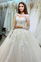 Classy Long Princess Appliques Lace Tulle Wedding Dress with Sleeves by BIZTUNNEL