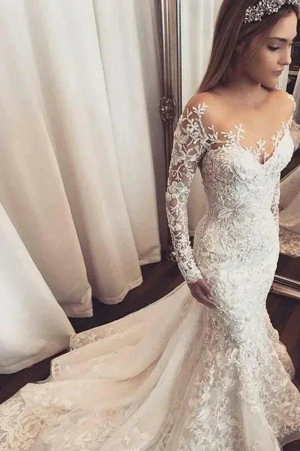 Classy Long Sleeve Sweetheart Appliques Lace Mermaid Wedding Dress With Tulle Ruffles by BIZTUNNEL