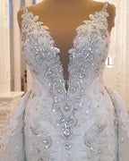 Classy Long Sweetheart Spaghetti Straps Appliques Lace Crystal Backless Wedding Dress by BIZTUNNEL