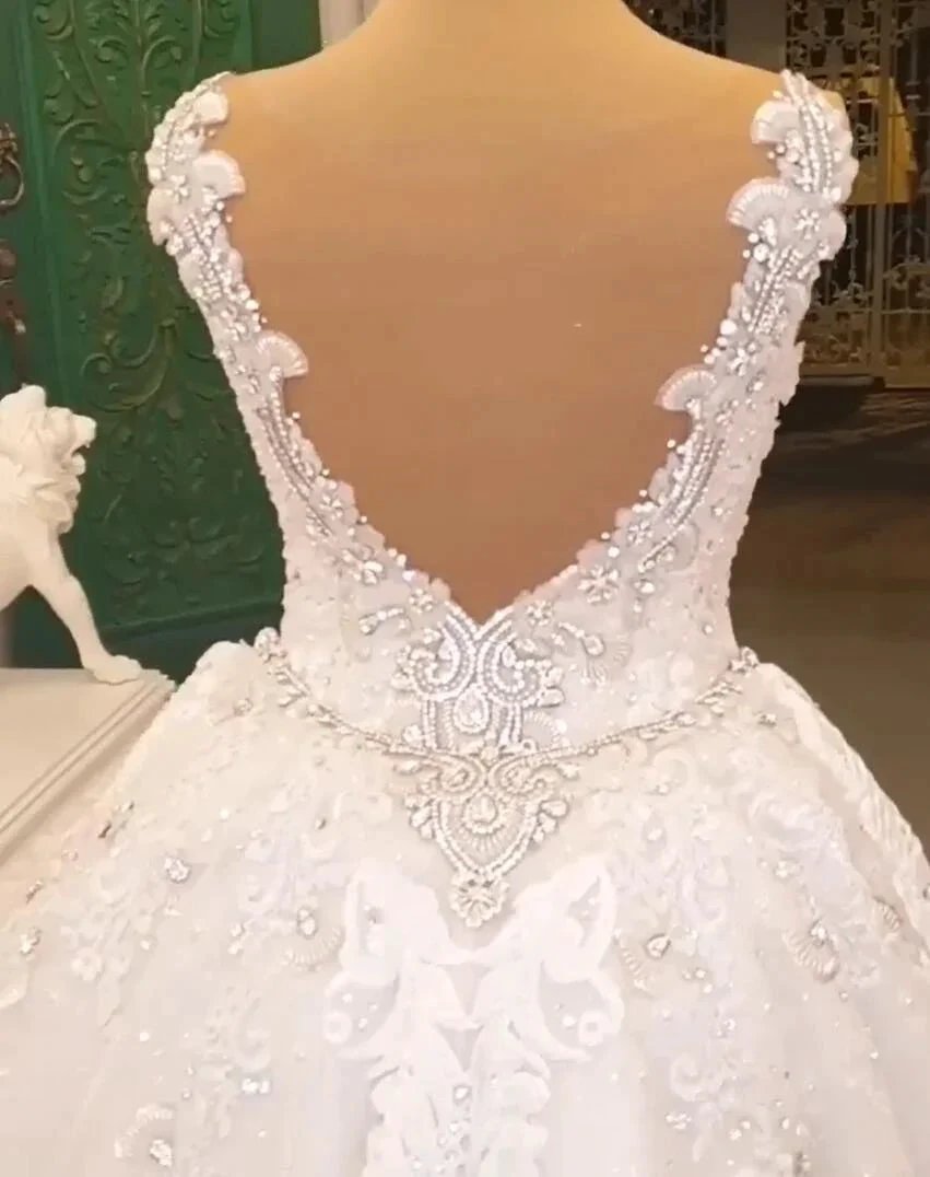 Classy Long Sweetheart Spaghetti Straps Appliques Lace Crystal Backless Wedding Dress by BIZTUNNEL