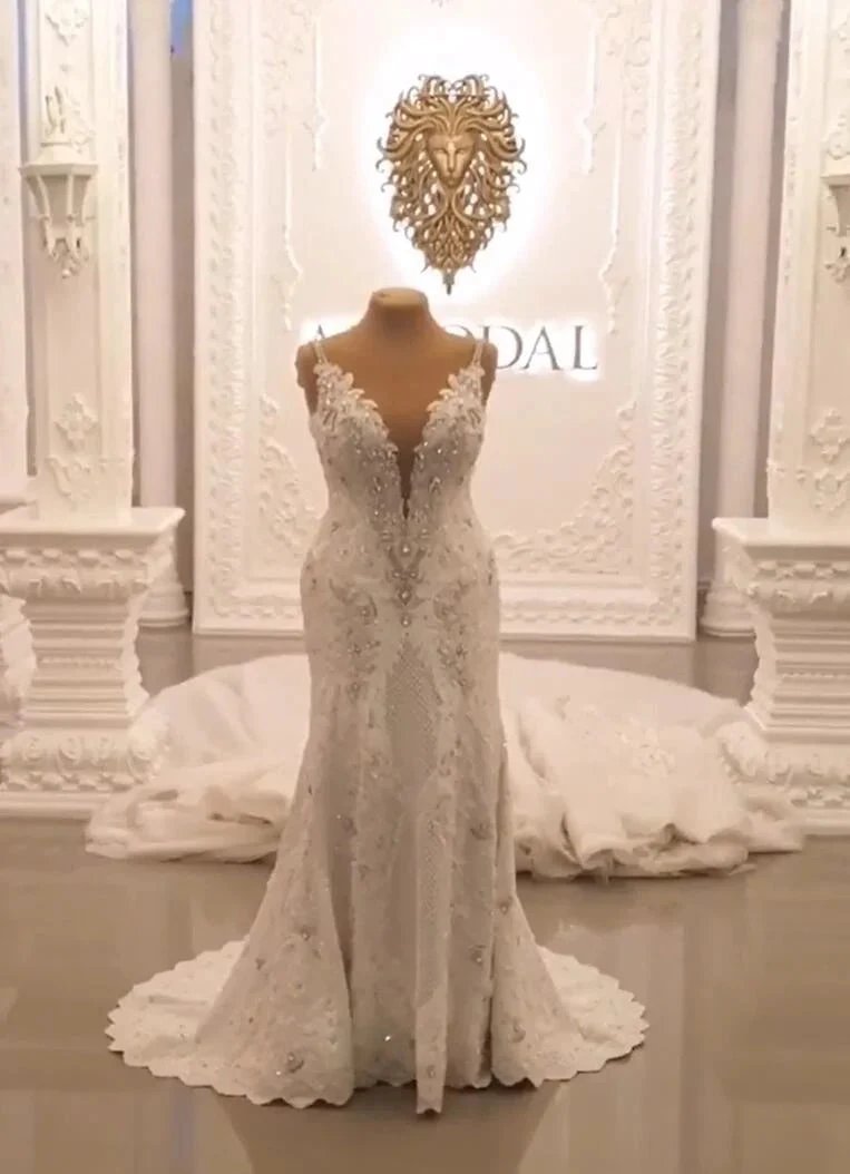 Classy Long Sweetheart Spaghetti Straps Appliques Lace Crystal Backless Wedding Dress by BIZTUNNEL