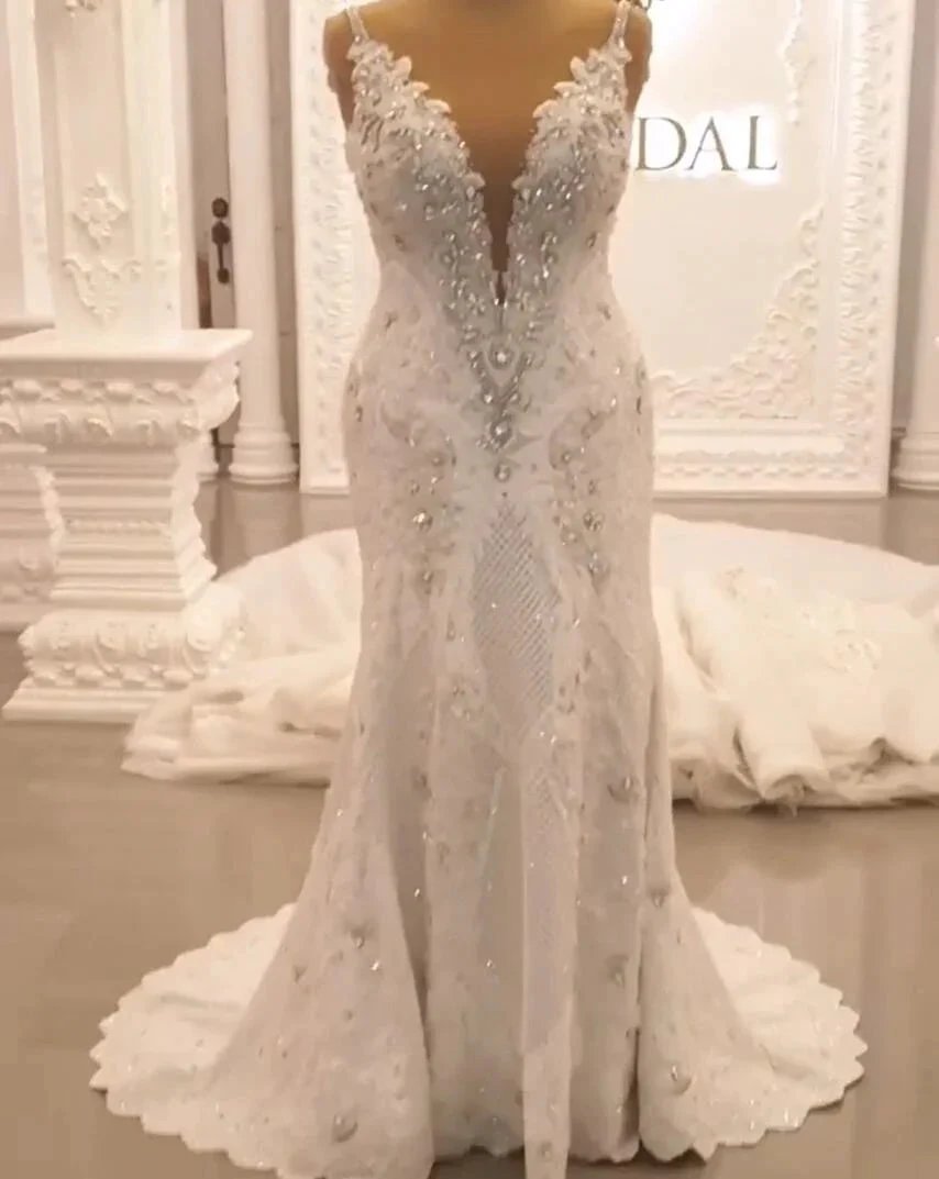 Classy Long Sweetheart Spaghetti Straps Appliques Lace Crystal Backless Wedding Dress by BIZTUNNEL
