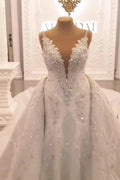 Classy Long Sweetheart Spaghetti Straps Appliques Lace Crystal Backless Wedding Dress by BIZTUNNEL