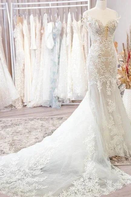 Classy Off-the-shoulder Sleeveless Mermaid Lace Wedding Dresses with Applique by misshow.com