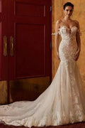 Classy Off-the-shoulder Sleeveless Mermaid Lace Wedding Dresses with Applique by misshow.com