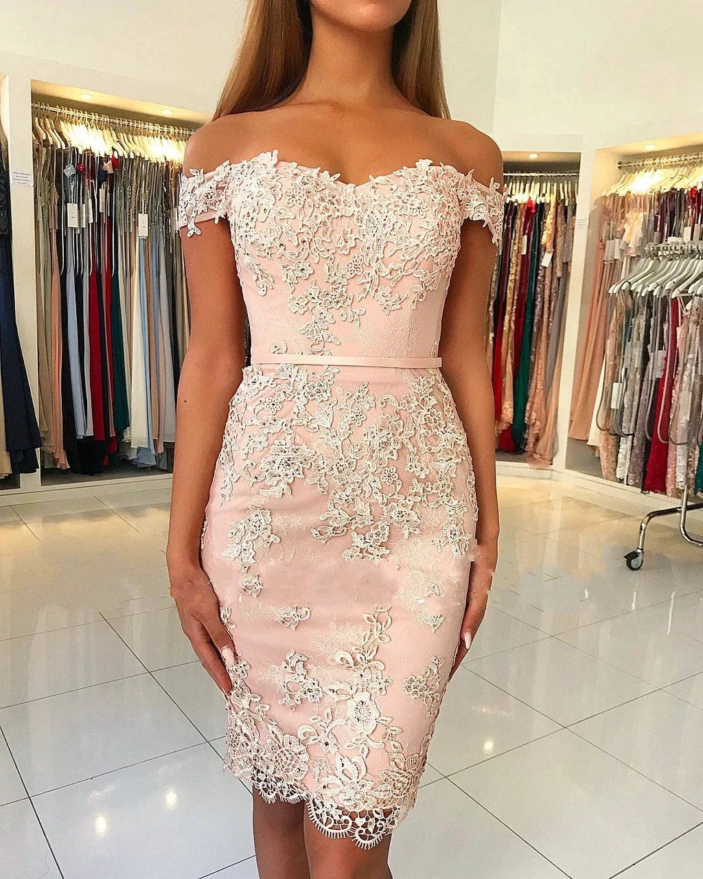 Classy Short Mermaid Off-the-shoulder Lace Prom Dress by BIZTUNNEL