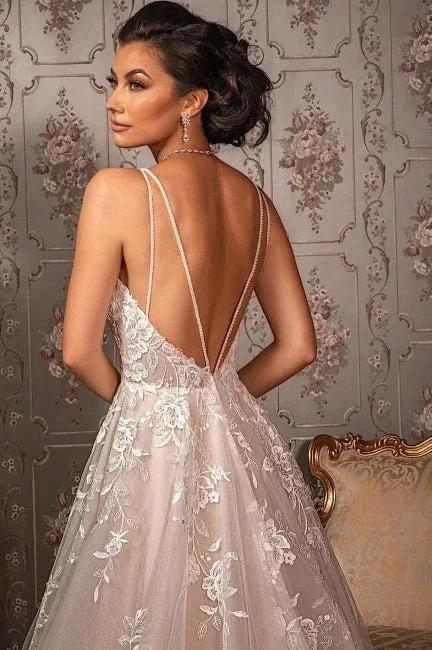 Classy V-neck Appliques Lace Spaghetti Straps Sleeveless A-Line Wedding Dresses by misshow.com