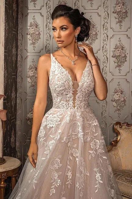 Classy V-neck Appliques Lace Spaghetti Straps Sleeveless A-Line Wedding Dresses by misshow.com