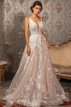 Classy V-neck Appliques Lace Spaghetti Straps Sleeveless A-Line Wedding Dresses by misshow.com