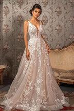 Classy V-neck Appliques Lace Spaghetti Straps Sleeveless A-Line Wedding Dresses by misshow.com