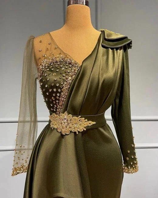 Classy V-neck Long Sleeves Beading Mermaid Prom Dress With Side Train by misshow.com