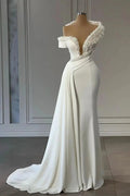 Classy V-neck Off-the-shoulder Beading Sleeveless Mermaid Wedding Dresses by misshow.com