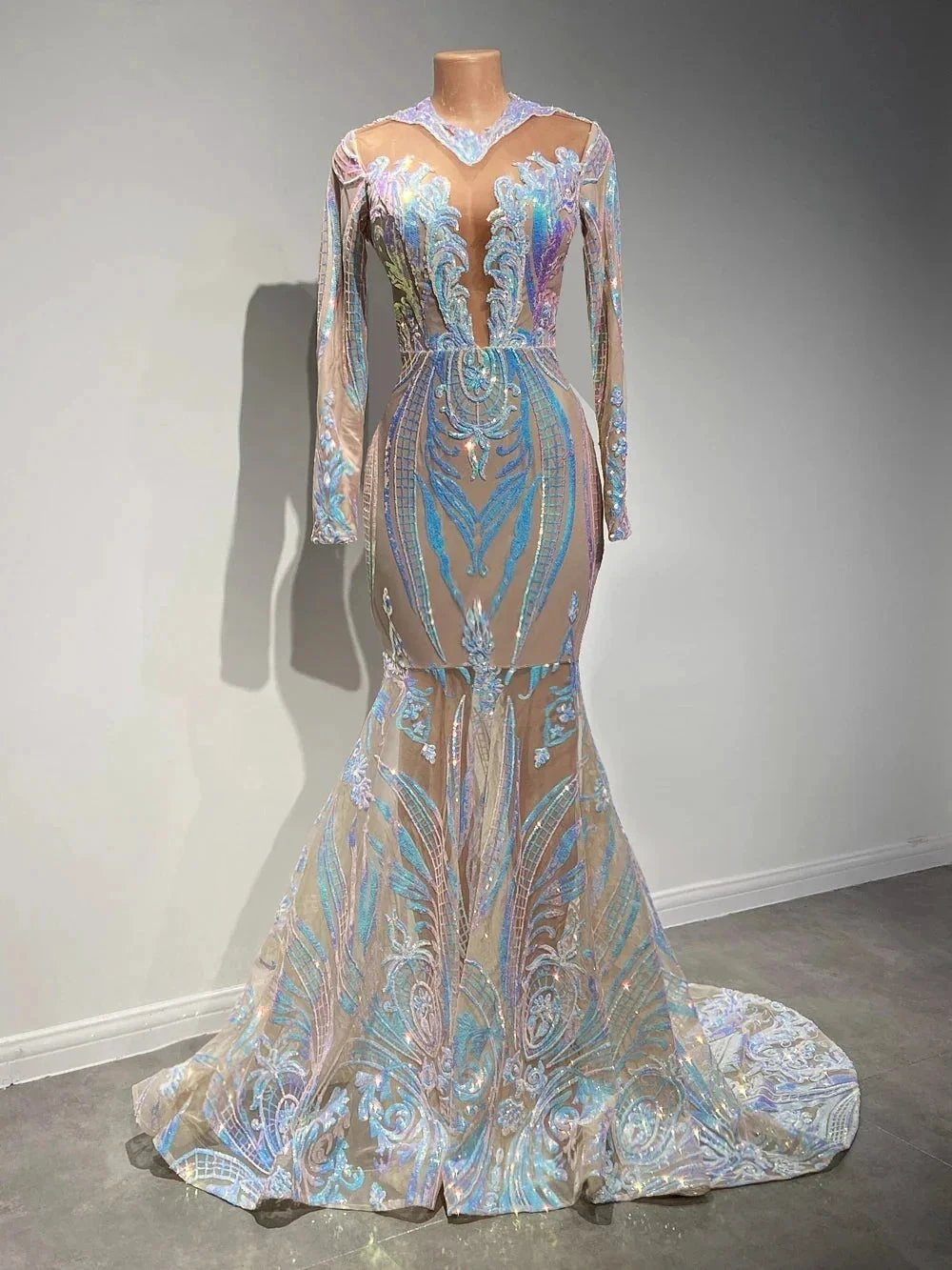 Classy V-neck Sequins Floor-length Mermaid Prom Dresses With Long Sleeves by misshow.com