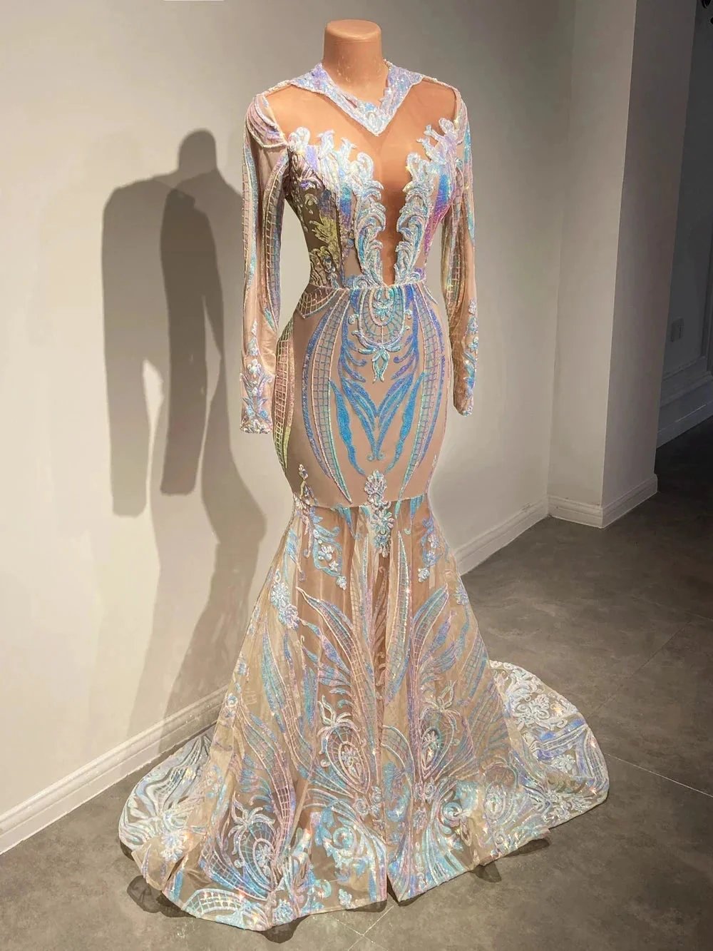 Classy V-neck Sequins Floor-length Mermaid Prom Dresses With Long Sleeves by misshow.com