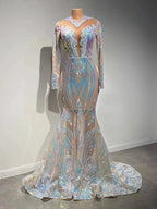 Classy V-neck Sequins Floor-length Mermaid Prom Dresses With Long Sleeves by misshow.com