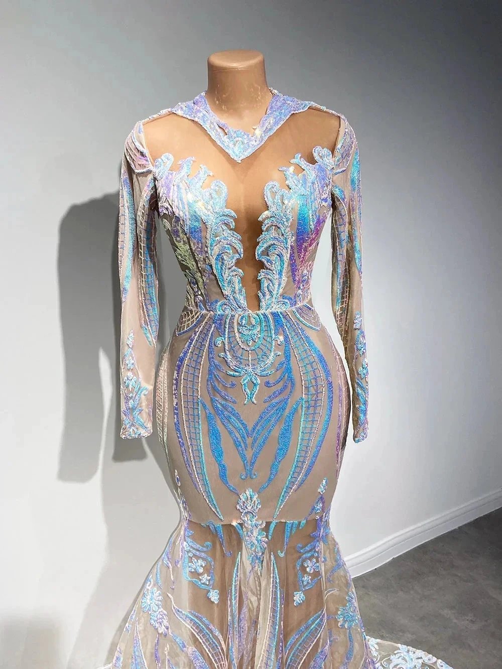 Classy V-neck Sequins Floor-length Mermaid Prom Dresses With Long Sleeves by misshow.com