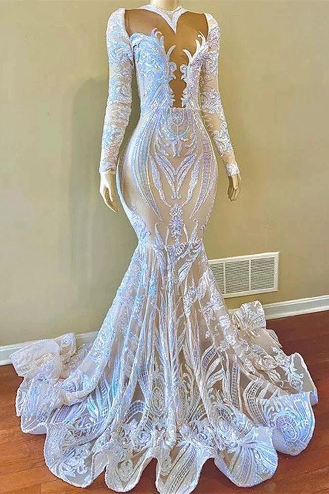 Classy V-neck Sequins Floor-length Mermaid Prom Dresses With Long Sleeves by misshow.com