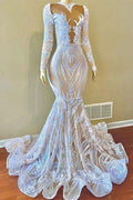Classy V-neck Sequins Floor-length Mermaid Prom Dresses With Long Sleeves by misshow.com