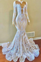 Classy V-neck Sequins Floor-length Mermaid Prom Dresses With Long Sleeves by misshow.com