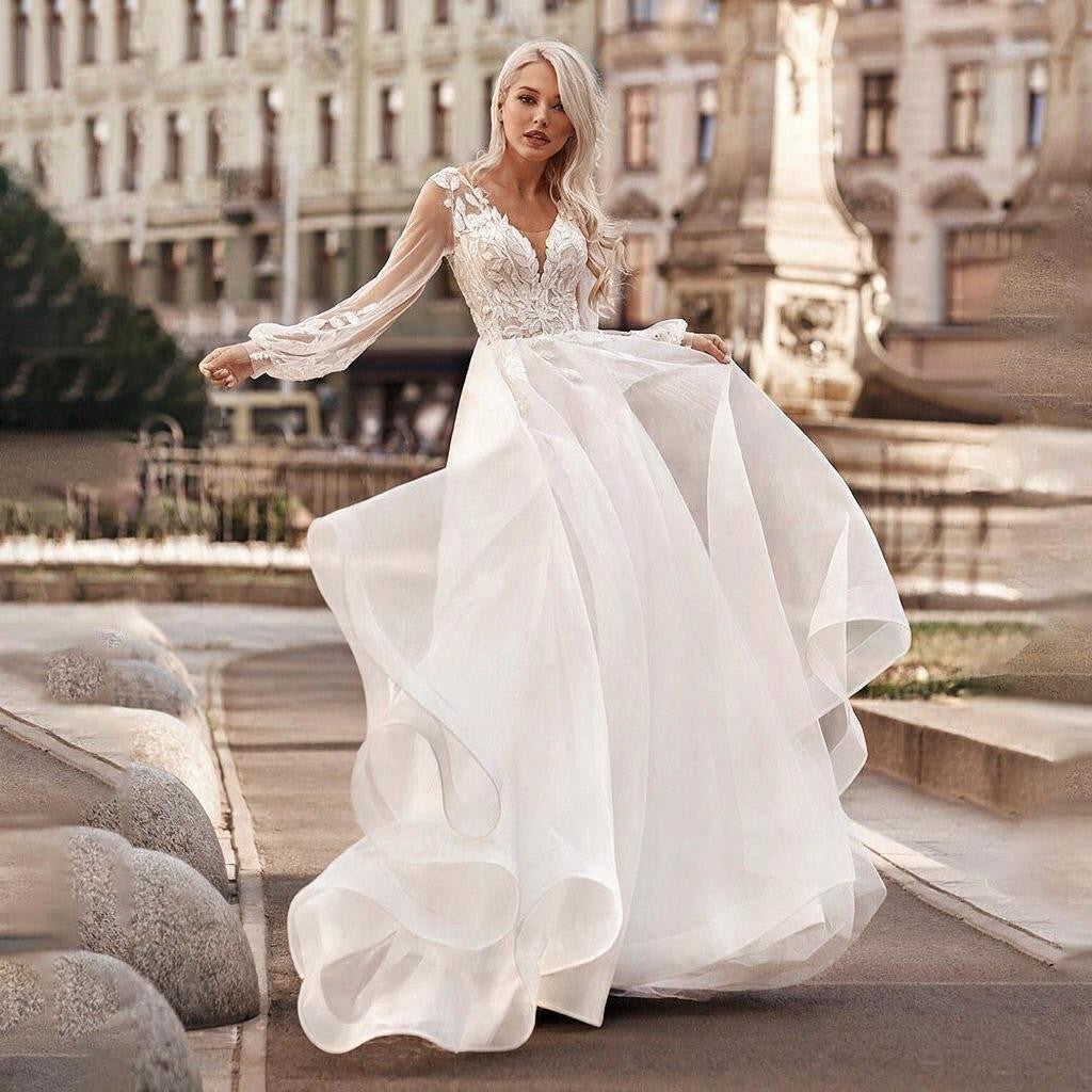 Boho Princess A-Line Wedding Dresses V Neck Longue Long Lantern Sleeve Robe De Soiree Simple Beach Wedding Gown Vestidos De Noiv (ZD01928)