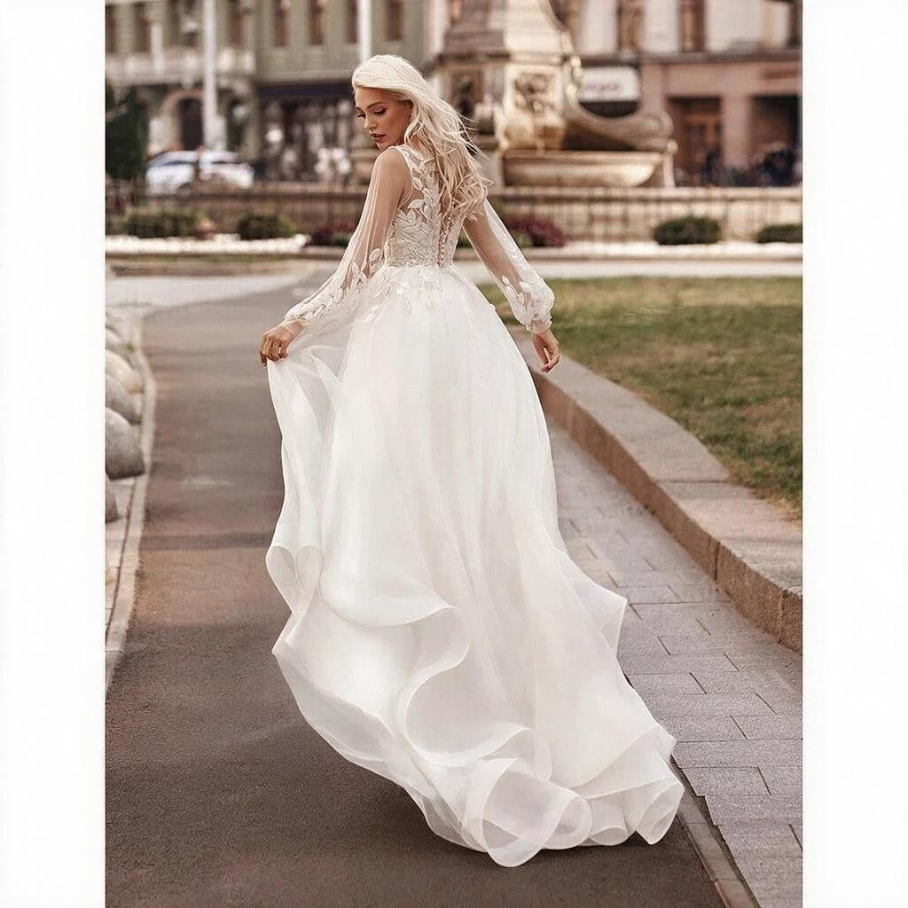 Boho Princess A-Line Wedding Dresses V Neck Longue Long Lantern Sleeve Robe De Soiree Simple Beach Wedding Gown Vestidos De Noiv (ZD01928)