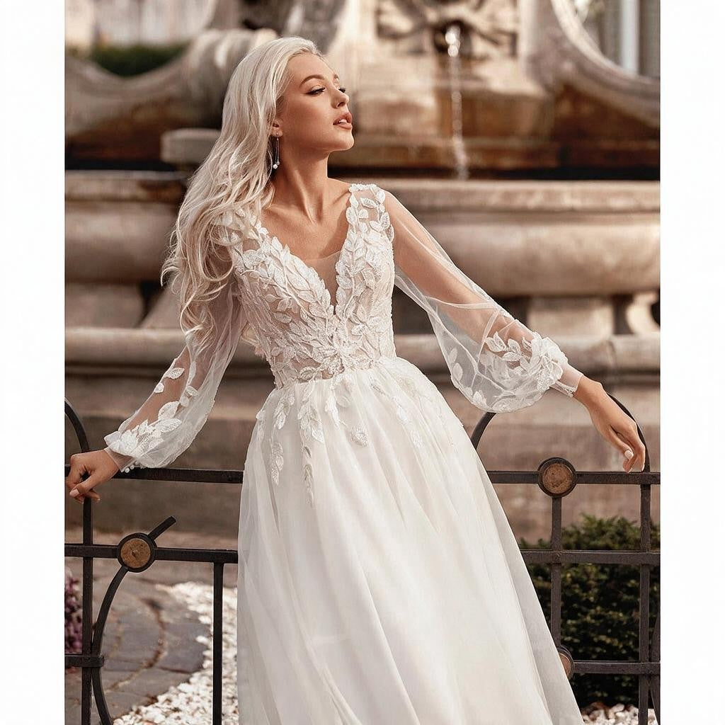 Boho Princess A-Line Wedding Dresses V Neck Longue Long Lantern Sleeve Robe De Soiree Simple Beach Wedding Gown Vestidos De Noiv (ZD01928)