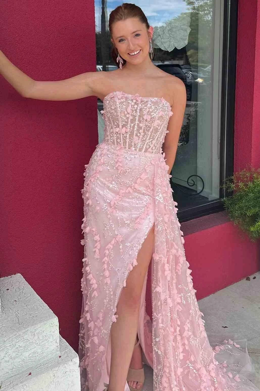 Clio | Pink Strapless 3D Floral High Slit Mermaid Long Prom Dress by KissProm