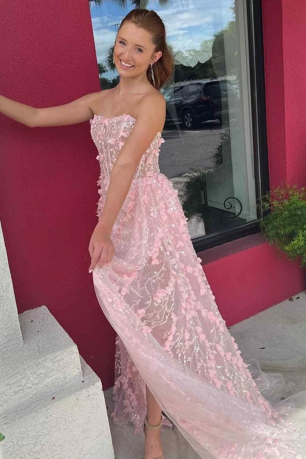 Clio | Pink Strapless 3D Floral High Slit Mermaid Long Prom Dress by KissProm