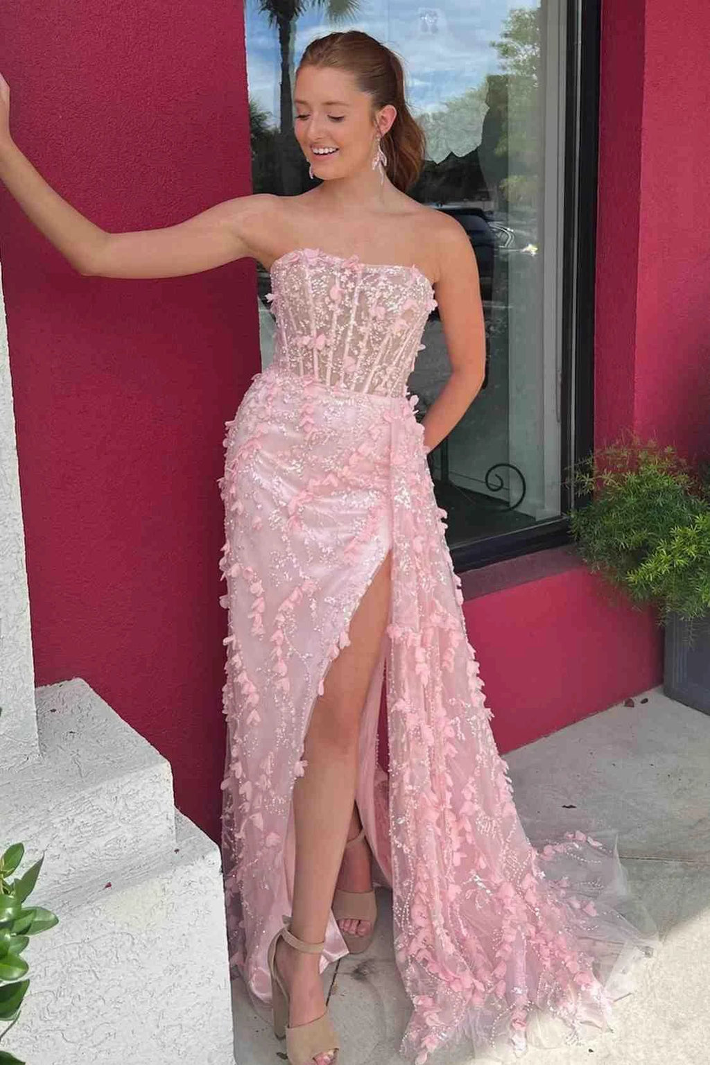 Clio | Pink Strapless 3D Floral High Slit Mermaid Long Prom Dress by KissProm