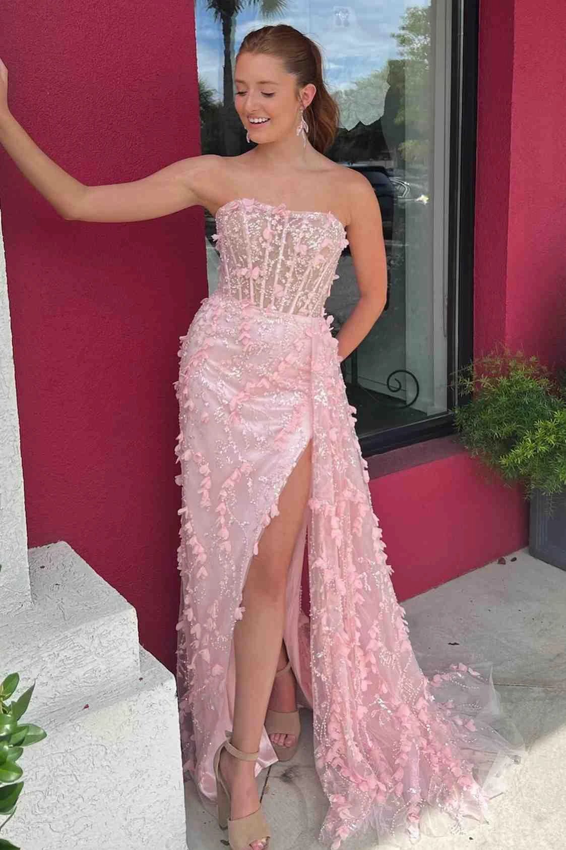 Clio | Pink Strapless 3D Floral High Slit Mermaid Long Prom Dress by KissProm