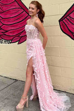 Clio | Pink Strapless 3D Floral High Slit Mermaid Long Prom Dress by KissProm