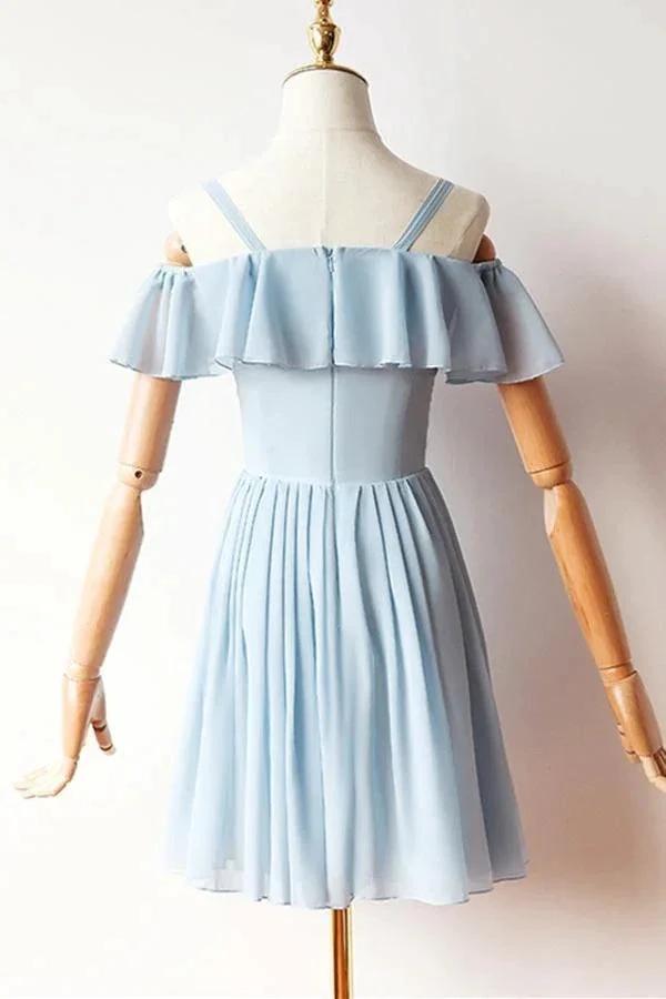 Cold Sleeves Short Prom Dress Blue Chiffon Homecoming Dress PD427 by pgmdress