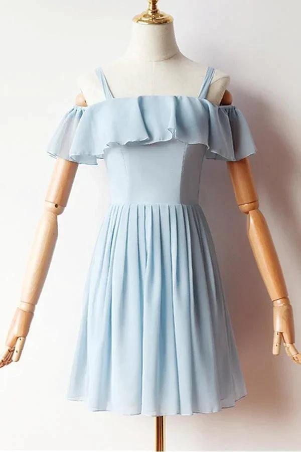 Cold Sleeves Short Prom Dress Blue Chiffon Homecoming Dress PD427 by pgmdress