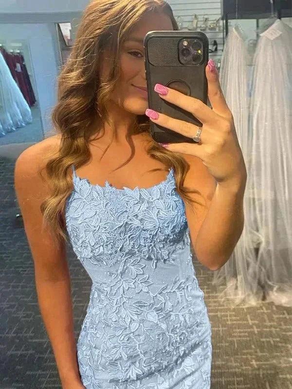 Column Lace Spaghetti Straps Short Prom Dresses by BIZTUNNEL