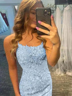 Column Lace Spaghetti Straps Short Prom Dresses by BIZTUNNEL