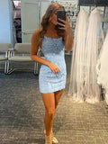 Column Lace Spaghetti Straps Short Prom Dresses by BIZTUNNEL
