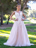 V-neck Applique Lace Tulle Sweep Train Prom Dress by Anne of Brittany