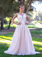 V-neck Applique Lace Tulle Sweep Train Prom Dress by Anne of Brittany