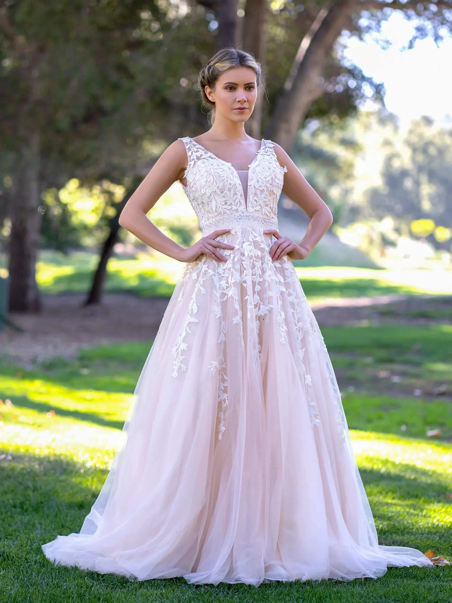 V-neck Applique Lace Tulle Sweep Train Prom Dress by Anne of Brittany