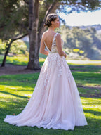 V-neck Applique Lace Tulle Sweep Train Prom Dress by Anne of Brittany