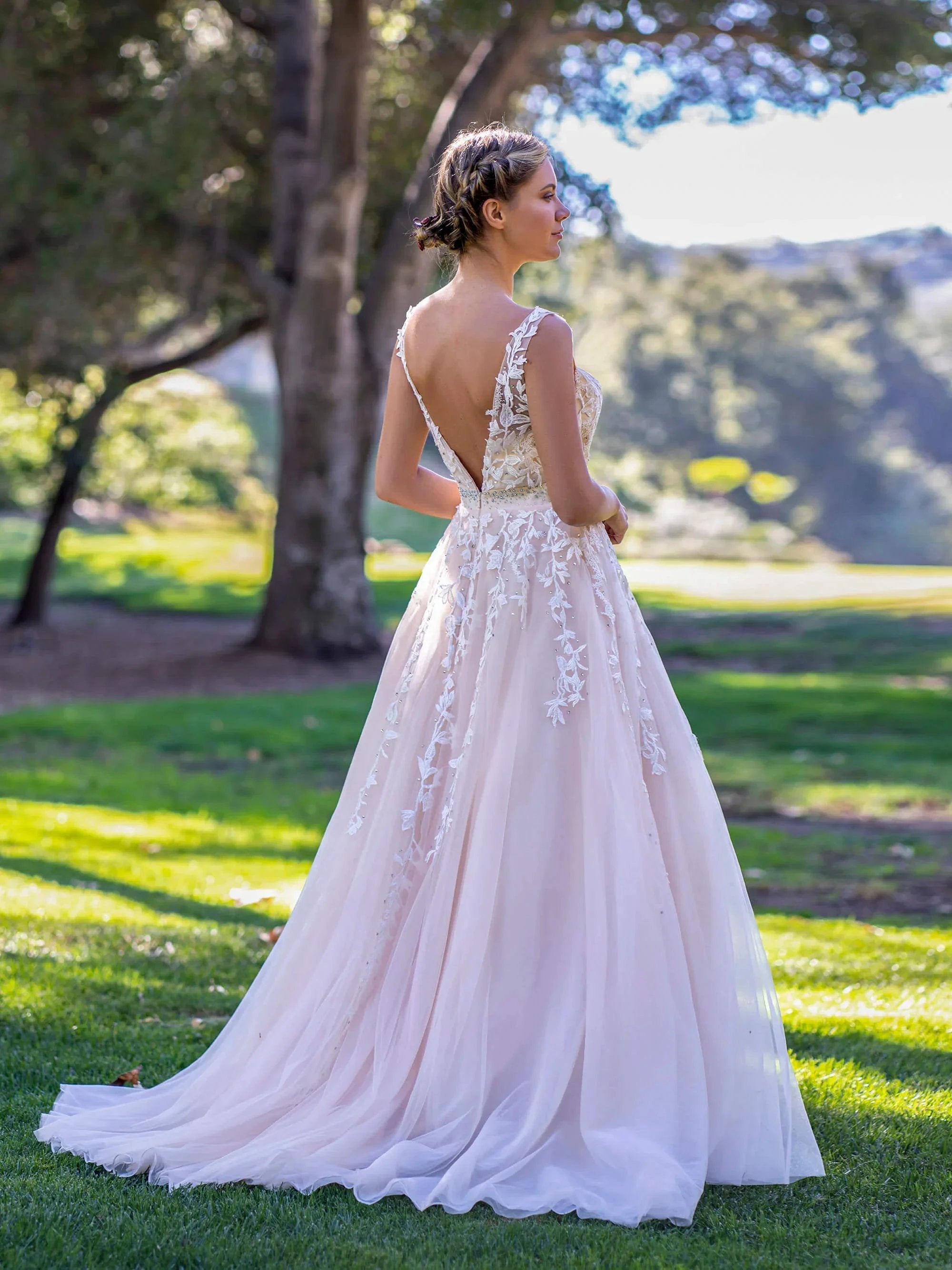 V-neck Applique Lace Tulle Sweep Train Prom Dress by Anne of Brittany
