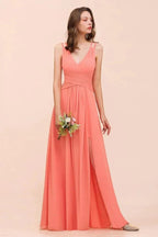 Coral Beach Bridesmaid Dress Front Split Wedding Party Dress by misshow.com